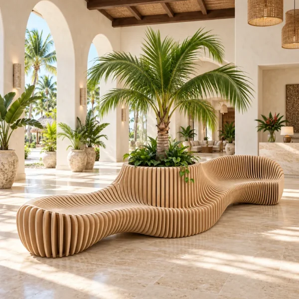 Wave slice bench with palm planter in a hotel lobby