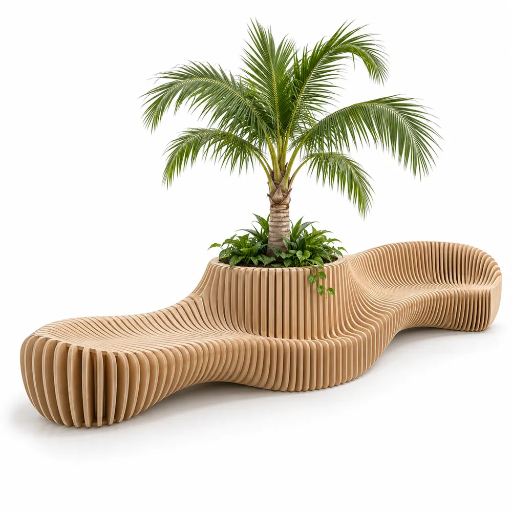 Custom wave bench in birch plywood slices with palm planter