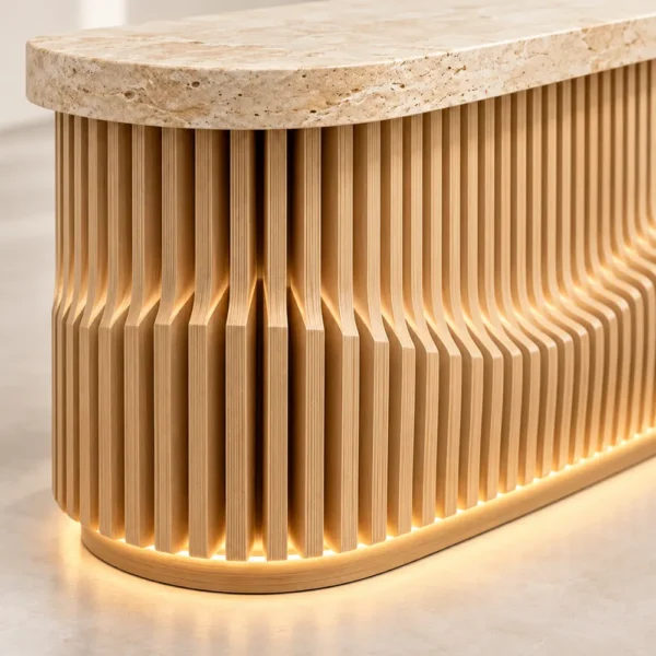 Close-up of travertine top and plywood slice front with LED light