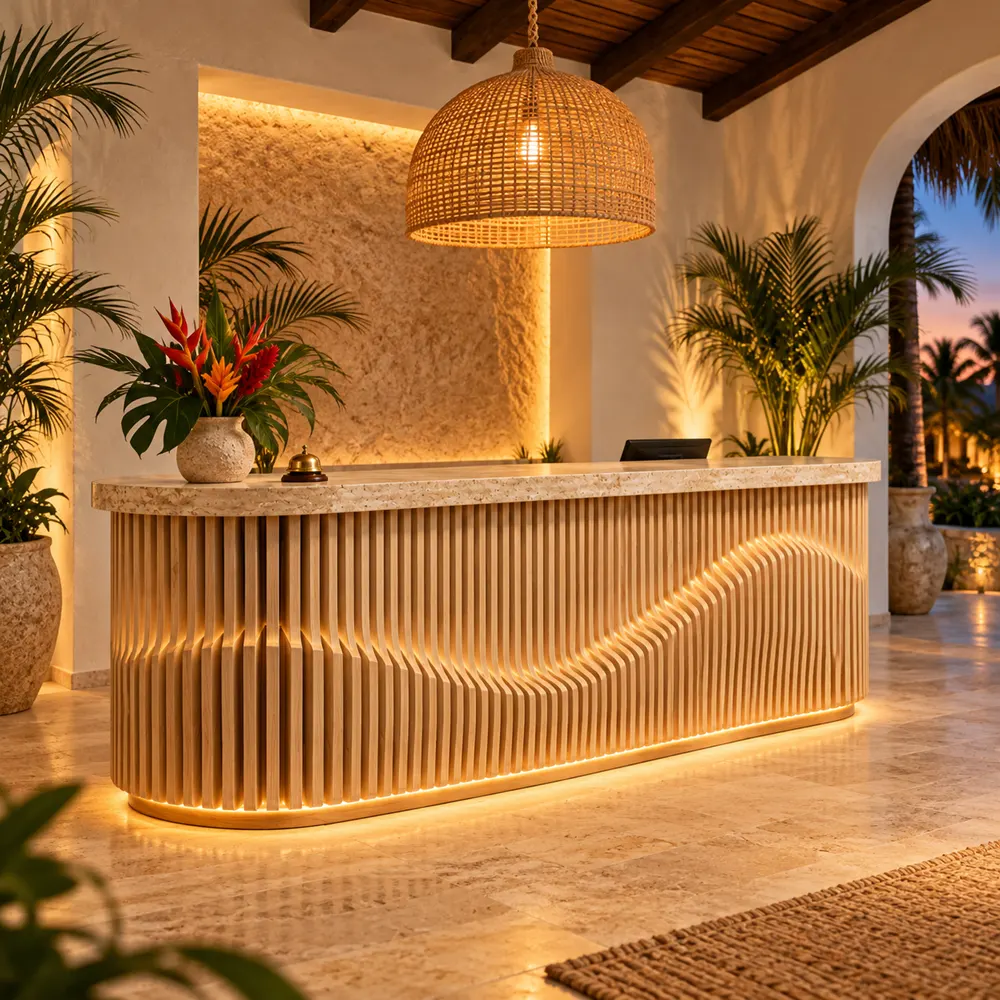 Wave slice reception desk in a hotel lobby at evening