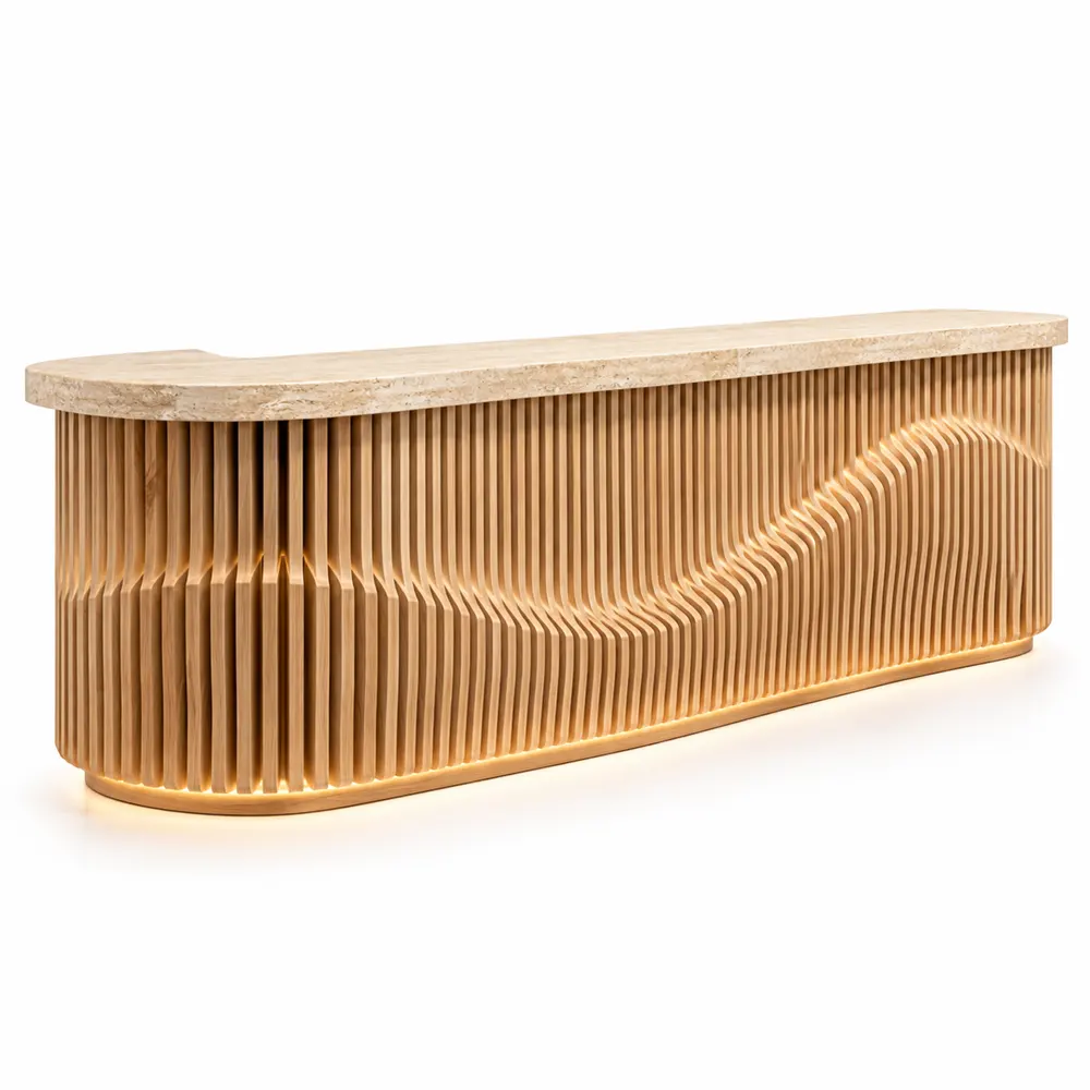 Custom reception desk with wave plywood slice front and travertine top