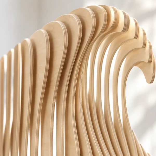 Close-up of curling wave top on plywood slice divider