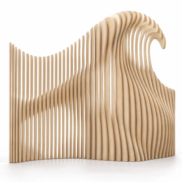 Custom room divider in plywood slices shaped like an ocean wave