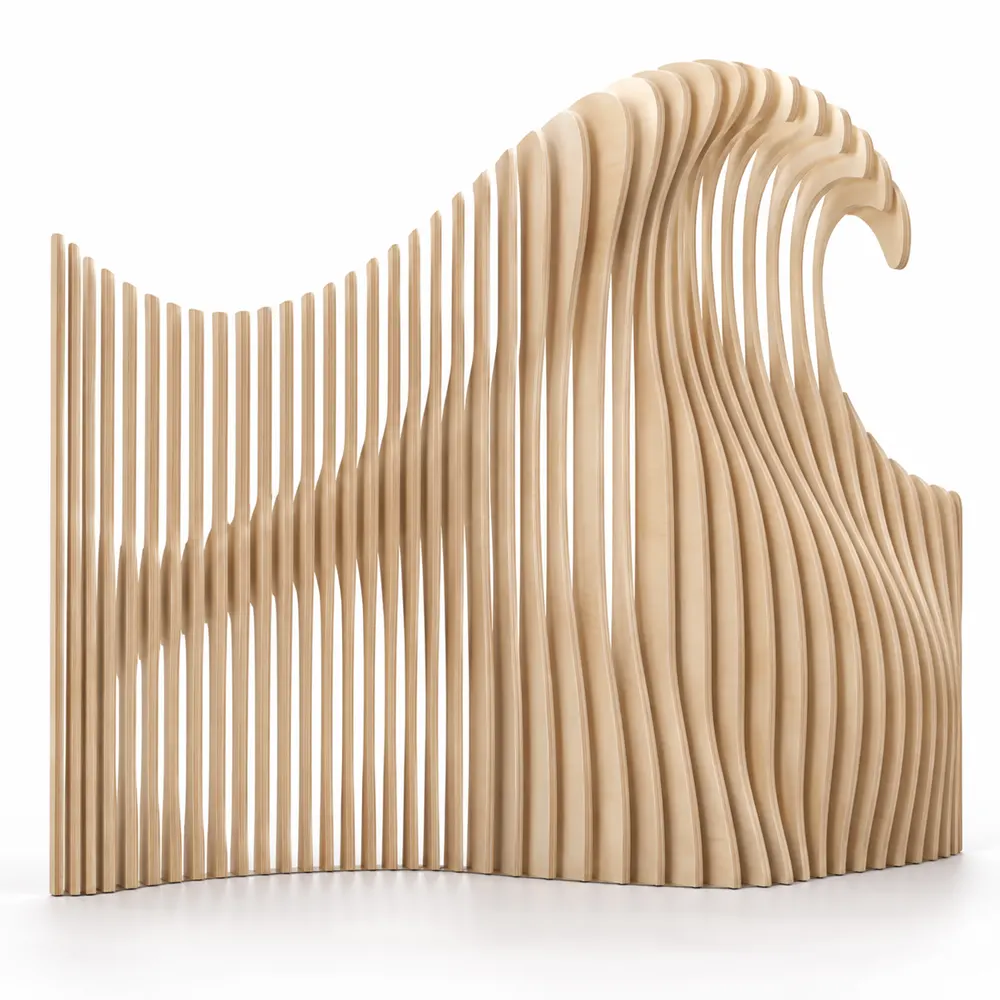 Custom room divider in plywood slices shaped like an ocean wave