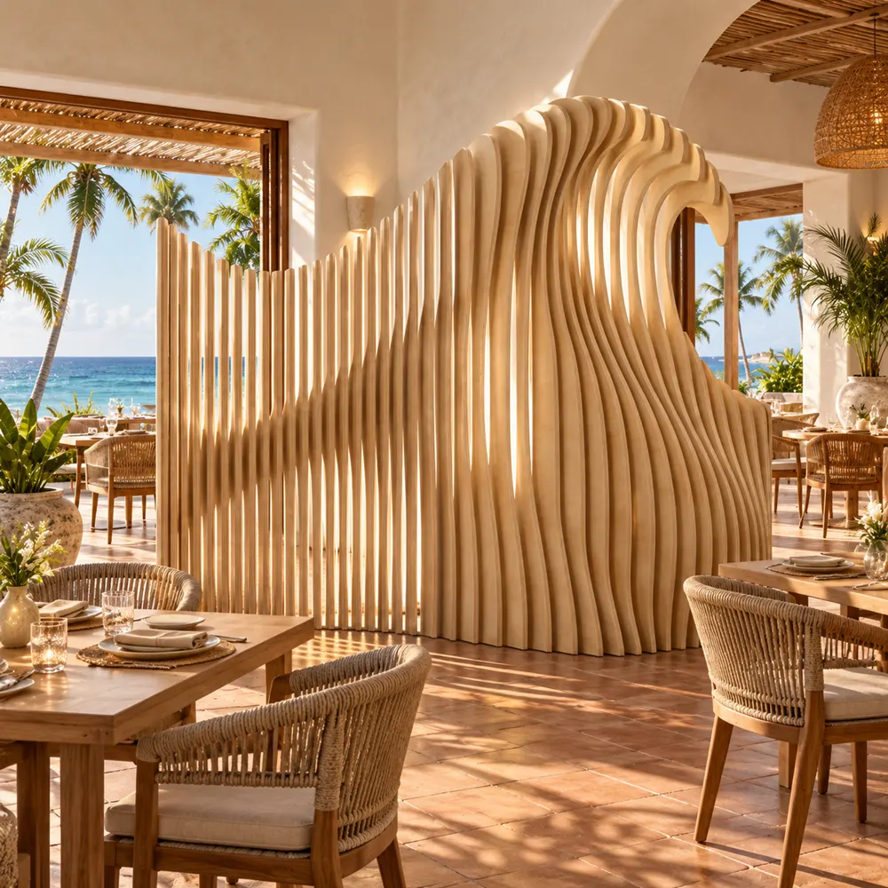 Wave slice room divider between dining areas in a hotel restaurant