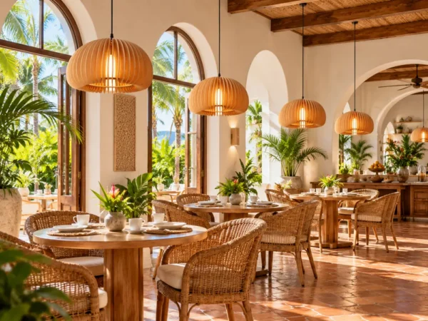 Wood slat pumpkin pendants in a boutique hotel breakfast room
