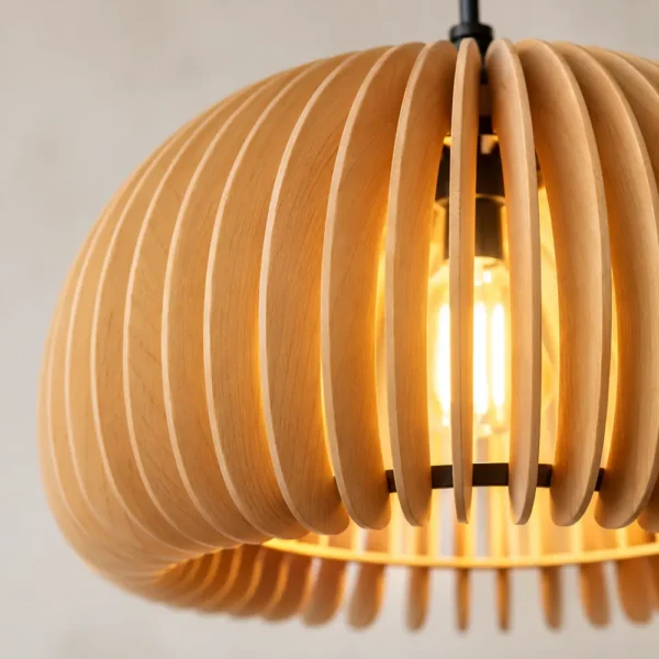 Close-up of curved wood slats with warm light