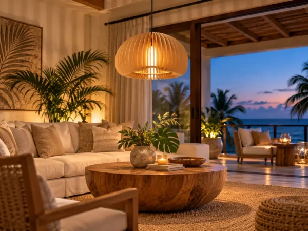 Wood slat pumpkin pendant above a hotel suite sitting area
