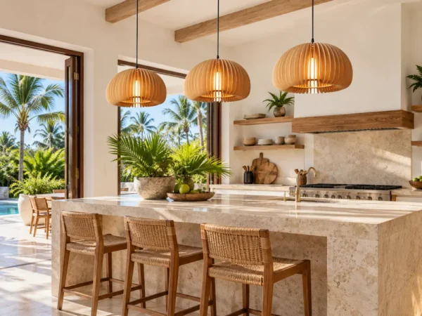 Three wood slat pumpkin pendants over a villa kitchen island