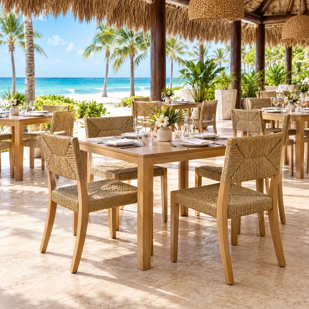 Woven rope dining chairs in a beachfront hotel restaurant