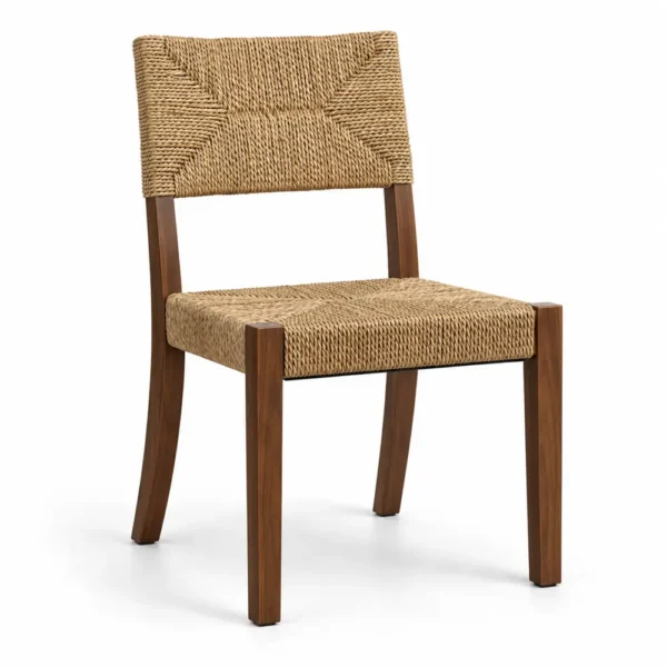 Walnut color dining chair with woven natural rope
