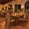 Dark woven rope dining chairs in a hotel restaurant at night
