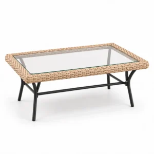 Woven wicker coffee table with glass top