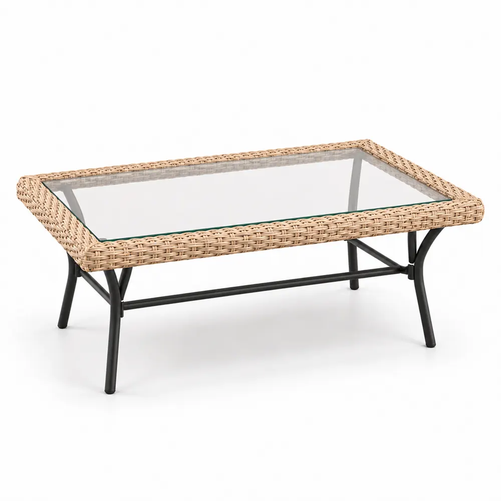 Woven wicker coffee table with glass top