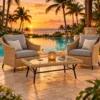 Wicker coffee table in a poolside lounge area