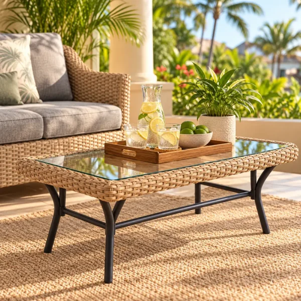 Wicker coffee table styled on a hotel terrace