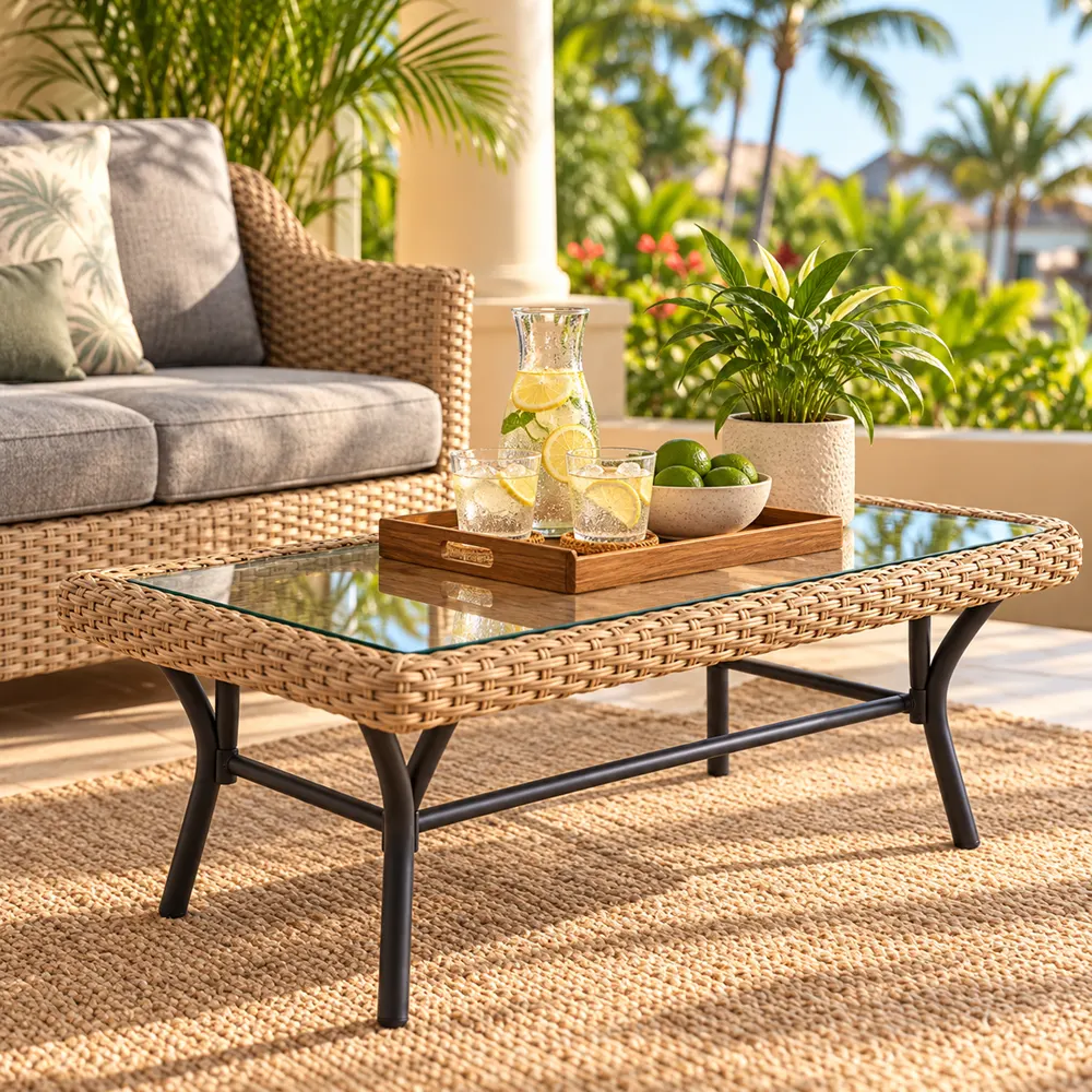 Wicker coffee table styled on a hotel terrace