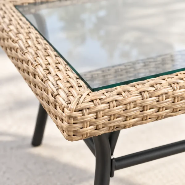 Close-up of glass top and PE wicker weave