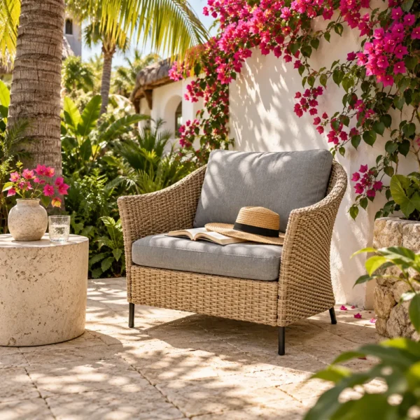 Wicker lounge chair in a tropical hotel garden