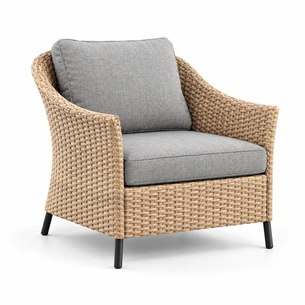 Woven wicker lounge chair with grey cushions