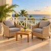Pair of wicker lounge chairs on a hotel suite balcony