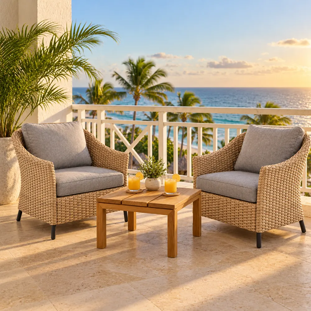Pair of wicker lounge chairs on a hotel suite balcony