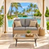 Wicker loveseat in a hotel pool cabana
