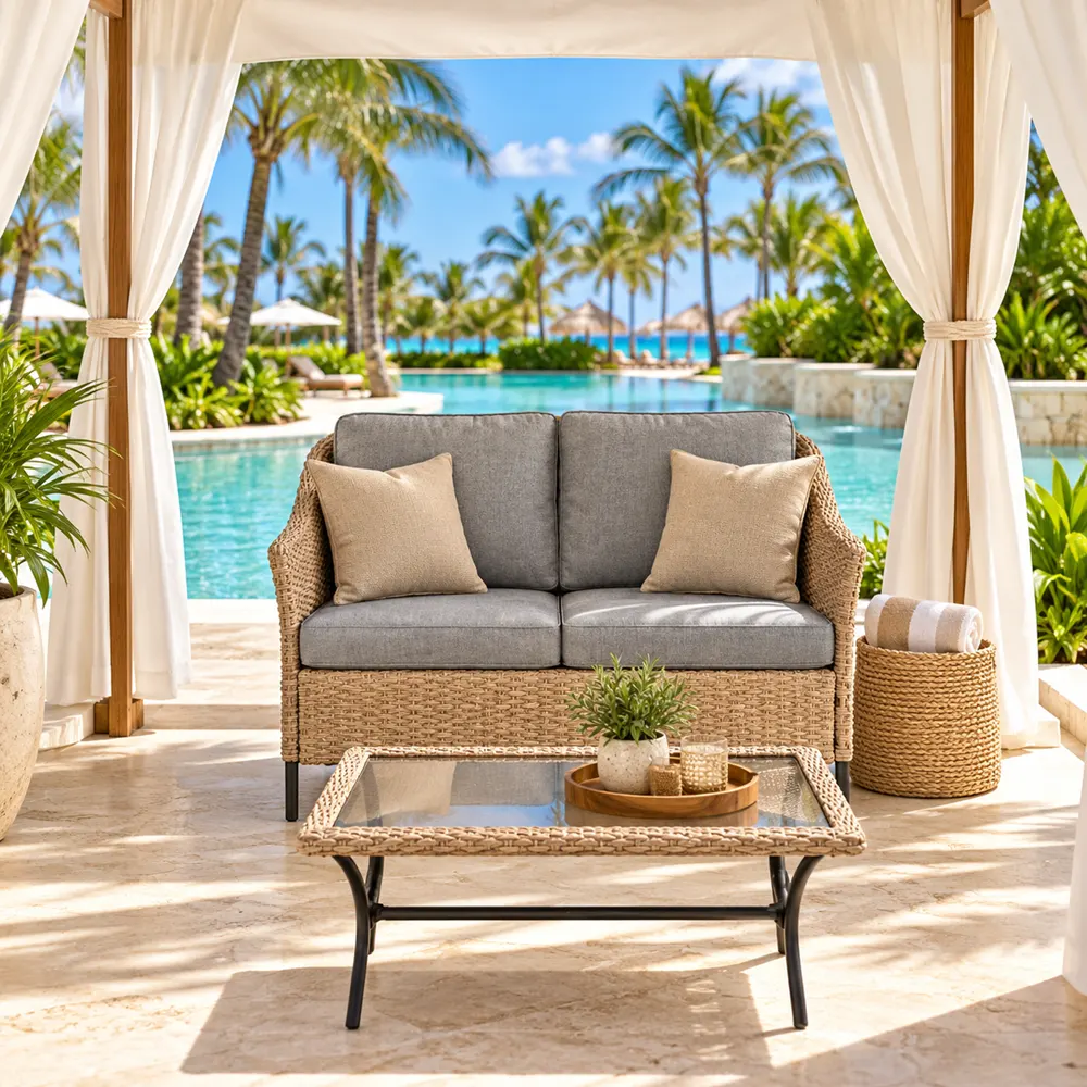 Wicker loveseat in a hotel pool cabana
