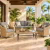 Wicker loveseat, chairs and coffee table on a villa terrace