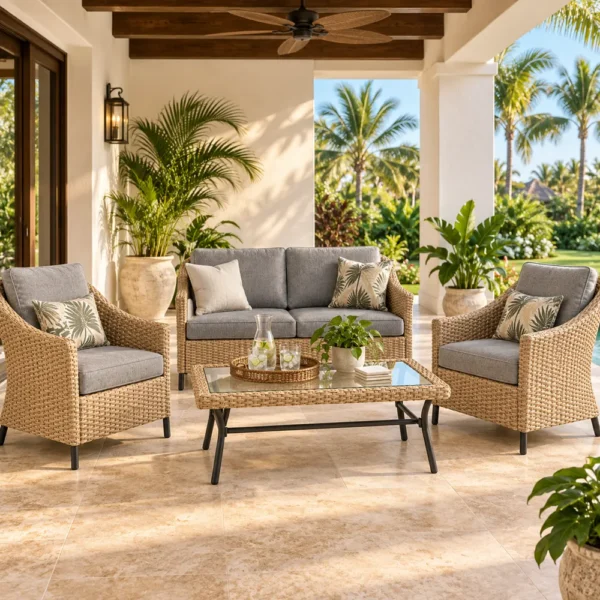 Wicker loveseat, chairs and coffee table on a villa terrace